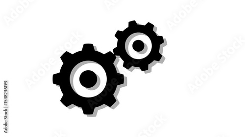 Rotating Gear Mechanism Animation, Black and White Style, two interlocking gears rotating together, ideal for concepts such as teamwork, automation, industry, machines, productivity or workflow.