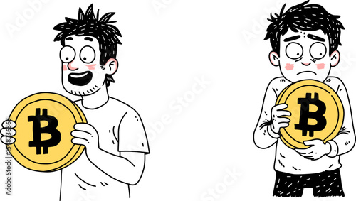 Man holding a bitcoin coin with happy expression and another man with sad expression holding a bitcoin. Cryptocurrency value change.