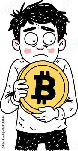A worried man holding a large bitcoin coin. Cryptocurrency volatility and financial market uncertainty concept for investment.