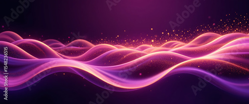 Abstract geometry smooth wavy shimmering shapes field in flowing style in purple,pink, and golden gradient colors , finest blending, dark purple background, outline style, with flecks of flashing gold