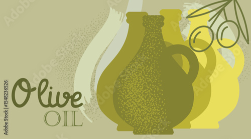 Olive oil retro background with bottle and hand drawn elements. Best for posters, menu designs. Vector illustration.