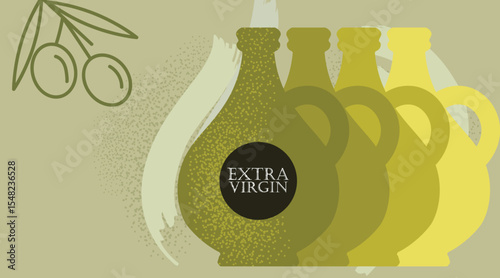 Olive oil retro background with bottle and hand drawn elements. Best for posters, menu designs. Vector illustration.