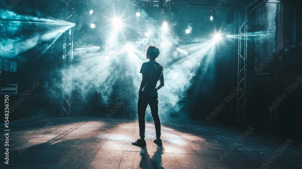 Fototapeta premium Dramatic stage silhouette of dancer in spotlight with fog and backlight performance show entertainment lights