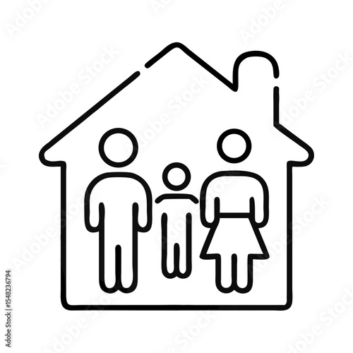 Simple outline of a family standing together in a house icon  