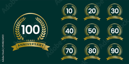 Set of vector icon or logo designs for 10th to 100th anniversary with laurel wreath, in gold color for celebrations, weddings and birthdays
