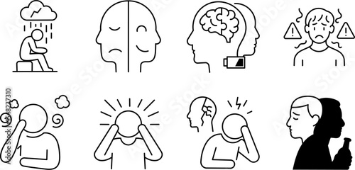 Mental Health and Emotional Disorder Icons Set. Vector illustration in clean black and white line style: depression, anxiety, bipolar disorder, burnout, PTSD, mood swings, inner conflict and more.