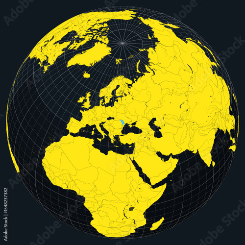 Republic of Moldova on Globe. Country view on the world map in Charcoal Bright Yellow color palette. Moldova shape on map. Globe with meridians, parallels, countries, rivers and lakes.