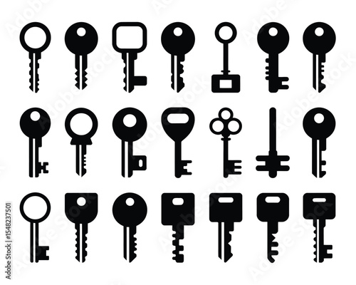 Key Collection: A comprehensive set of various key silhouettes, perfect for graphic design projects.  Each key is uniquely shaped, offering a diverse collection of lock and key icons. 