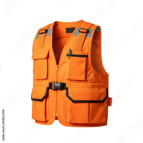 Bright orange safety vest with multiple pockets and adjustable straps. Designed for visibility and utility in outdoor work environments. photo