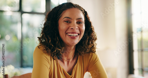 Portrait, smile and woman in house for relax, peace and calm to chill on weekend in living room. Face, happy person and rest in home for comfort, morning and break to unwind on staycation in Brazil