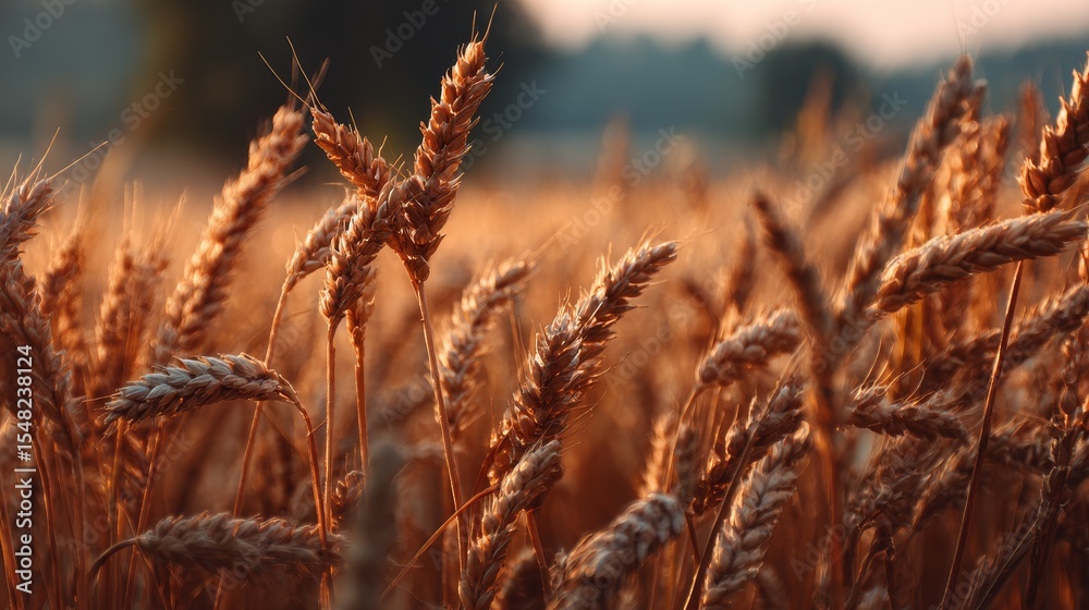 Fototapeta premium Golden wheat field at sunset with warm lighting and gentle breeze