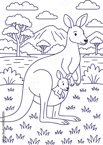 Kangaroo with joey in pouch in Australian outback landscape