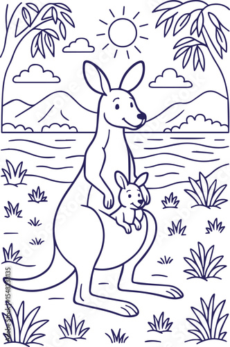 Smiling kangaroo with joey in pouch in sunny outback scene