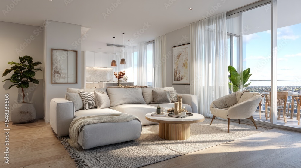 Fototapeta premium Bright modern living room with white sofa and round coffee table. Floor to ceiling windows over city skyline. Calm luxury lifestyle and success mood. Ideal for real estate, interior design
