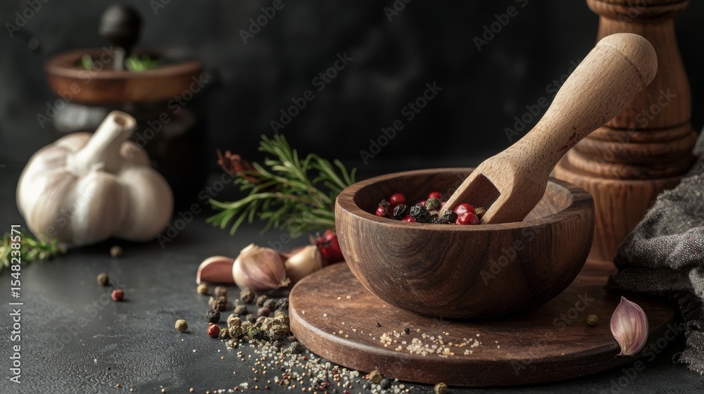 Obraz premium Wooden table with spices garlic and mortar rustic kitchen preparation ingredients cooking herbal culinary flavor