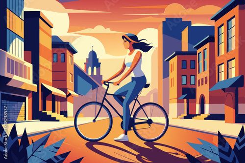 Woman riding a bicycle on a city street at sunset