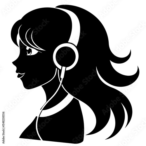 Girl listening to music with headphones, isolated on white background
