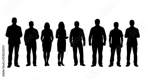 Adobe illustrator artwork vector illustration: A diverse group of business professionals, silhouetted in black, stand together holding documents and briefcases, symbolizing teamwork and collaboration