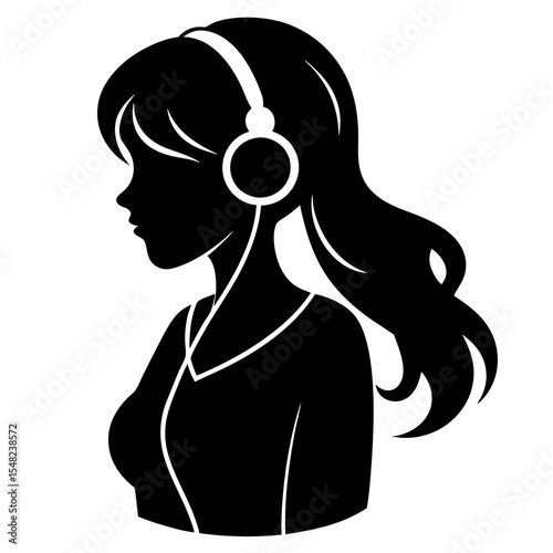 Girl listening to music with headphones, isolated on white background