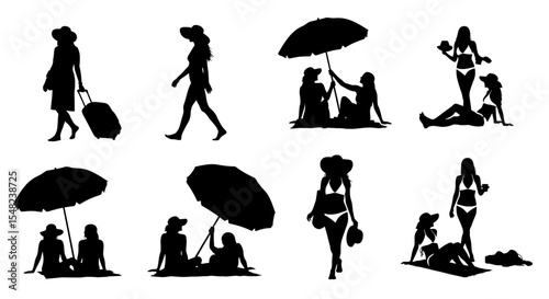 Adobe illustrator artwork vector illustration: set of black silhouette vector illustrations of diverse people enjoying a beach day, individuals walking, relaxing under umbrellas, and  carrying luggage