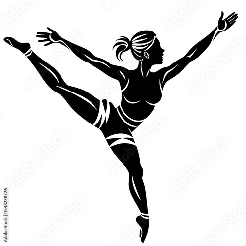 Silhouette of a female gymnast in a dynamic pose, isolated on white background