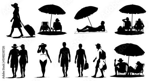 Adobe illustrator artwork vector illustration: set of black silhouette vector illustrations of diverse people enjoying a beach day, individuals walking, relaxing under umbrellas, and  carrying luggage