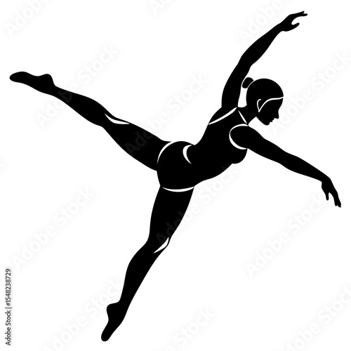 Silhouette of a female gymnast performing a graceful pose, isolated on white background