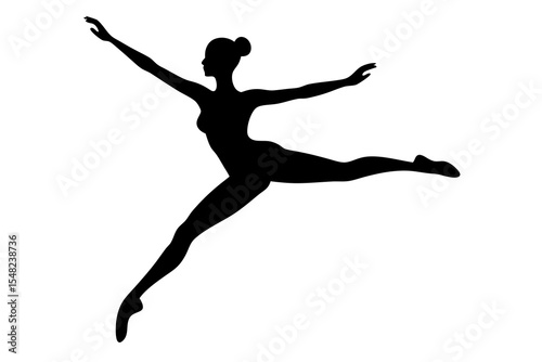 Silhouette of a graceful female dancer midleap isolated on white background