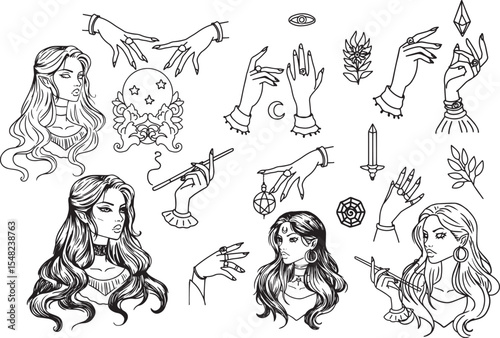 Set fortune teller hands lineart clipart halloween theme magic item witch hand with jewelry black and white minimalistic graphic outline elegant female hands stroke moon flower plant with leaves ink