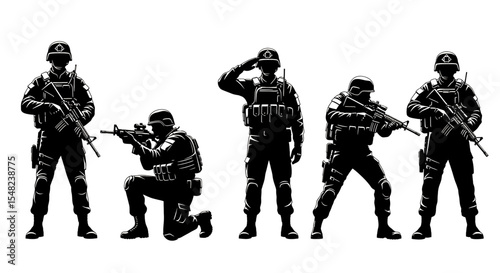 Adobe illustrator artwork vector illustration: Set of black silhouette vector illustrations of soldiers army in combat gear with rifles, in standing, kneeling, and saluting poses