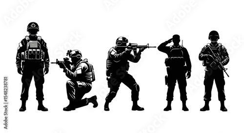 Adobe illustrator artwork vector illustration: Set of black silhouette vector illustrations of soldiers army in combat gear with rifles, in standing, kneeling, and saluting poses