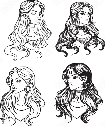 Witch face line art portrait drawing Halloween clipart set outline gothic fashion female minimalist contour sticker girl head different hairstyle cartoon people illustration magic coloring book sketch