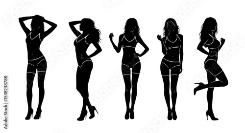 Adobe illustrator artwork vector illustration: Set of diverse female silhouettes in swimwear bikini and high heels stand in various stylish poses against a white background