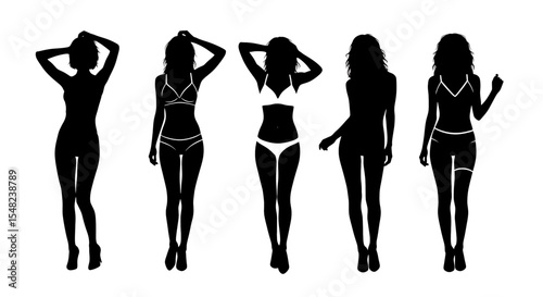 Adobe illustrator artwork vector illustration: Set of diverse female silhouettes in swimwear bikini and high heels stand in various stylish poses against a white background