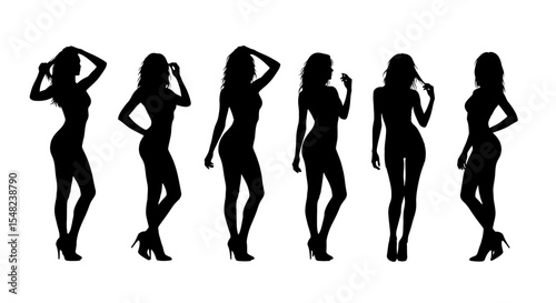 Adobe illustrator artwork vector illustration: Set of diverse female silhouettes in swimwear bikini and high heels stand in various stylish poses against a white background