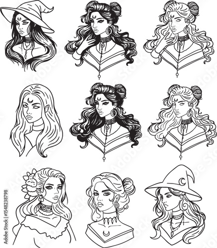 Witch face line art portrait drawing Halloween clipart set outline gothic fashion female minimalist contour sticker girl head different hairstyle cartoon people illustration magic coloring book sketch