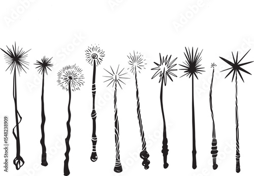 Magic wand line drawing witch theme halloween clipart party invitation flyer gothic style illustration packaging design idea print. Wooden wand accessory sorcerers. Bengal fire new year ink graphic	