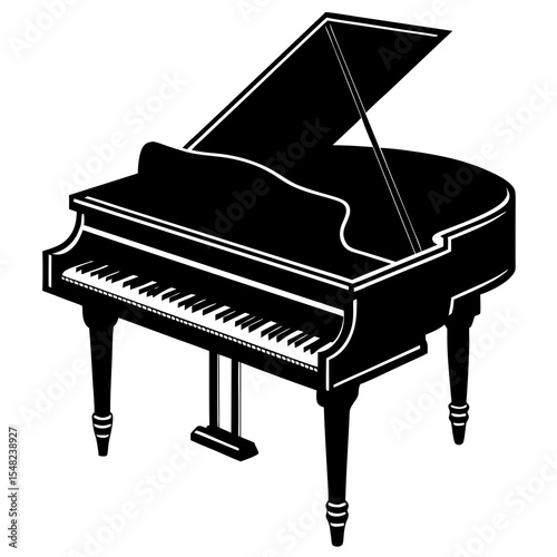 Black silhouette of a grand piano isolated on white background