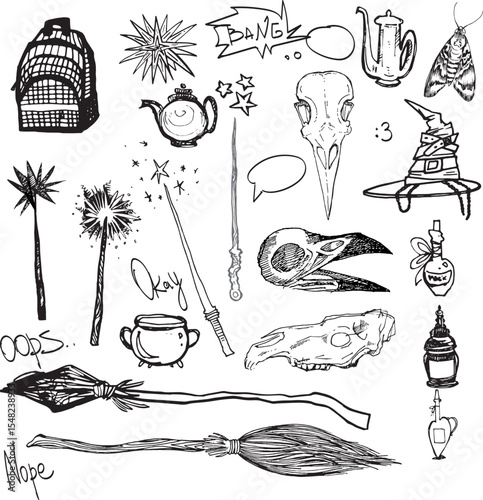 Doodle line art drawing clipart halloween holiday party invitation. Hand drawn minimalistic icons bird skull witch items broom animal skull comic ar Gothic stickers design elements occult scary theme	