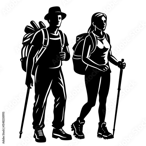 Silhouette of a hiking couple with backpacks isolated on white background