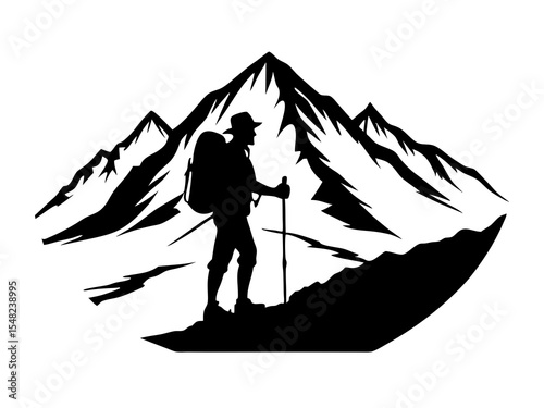 Silhouette of a hiker with a backpack on a mountain isolated on white background
