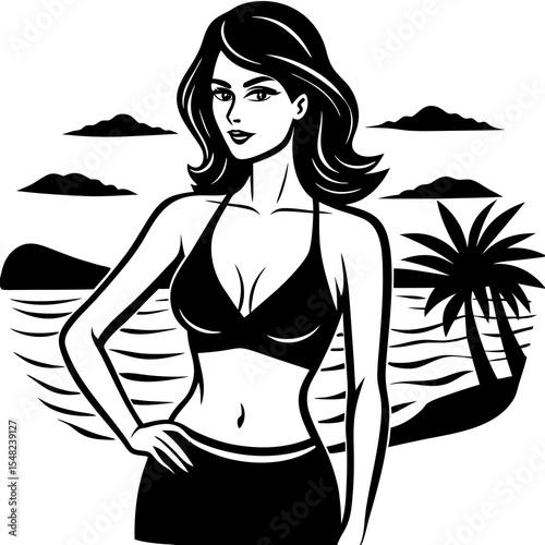 A beautiful woman in a bikini stands on a tropical beach in a black and white illustration