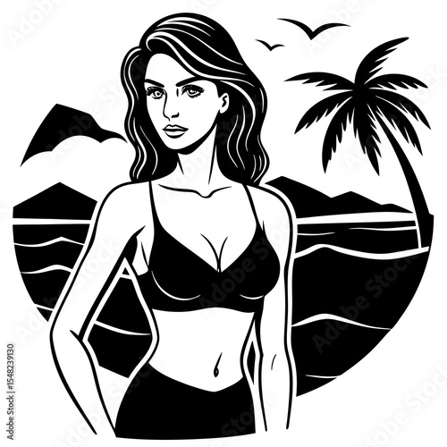 A beautiful woman in a bikini stands on a beach with a palm tree in the background