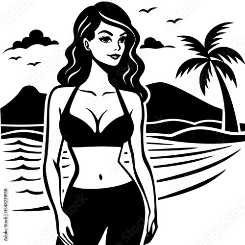 A woman in a bikini stands on a beach with a palm tree and mountains in the background