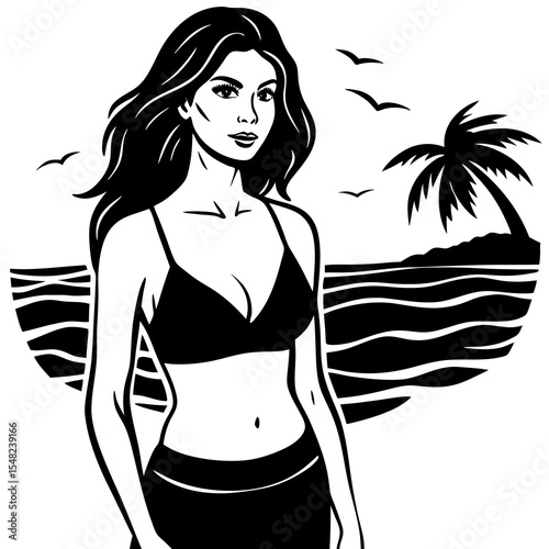 A beautiful woman in a bikini stands on a beach with a palm tree in the background