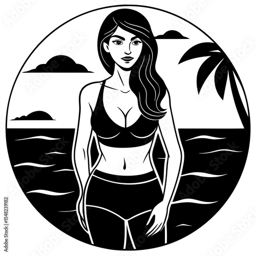 A beautiful woman in a bikini stands on a beach with a palm tree in the background