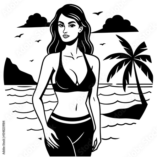 A beautiful woman in a bikini stands on a beach with a palm tree in the background