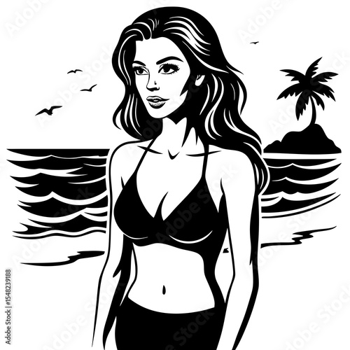 A beautiful woman in a bikini stands on a beach with a palm tree in the background