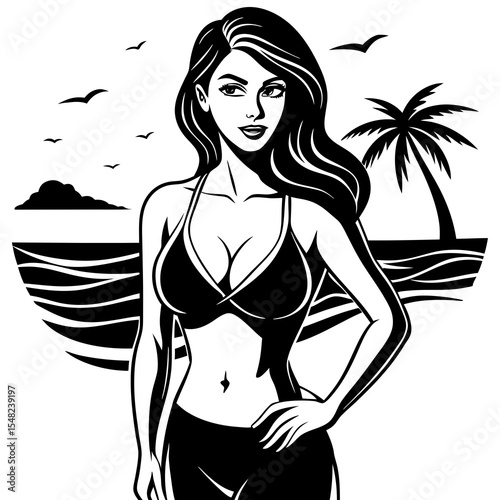 A beautiful woman in a bikini stands on a beach with ocean waves and a palm tree in the background
