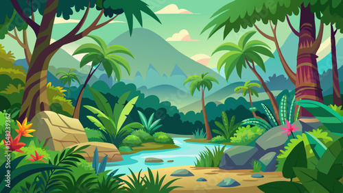 A lush green jungle landscape with a river flowing through it, surrounded by mountains and lush vegetation